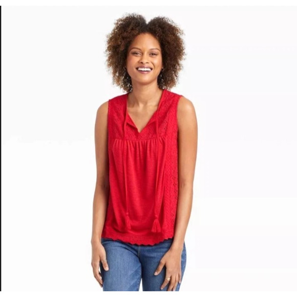 Knox Rose Floral Eyelet Embroidered Top Tassel Tie Rib Knit Rebel Red XL - Picture 1 of 7